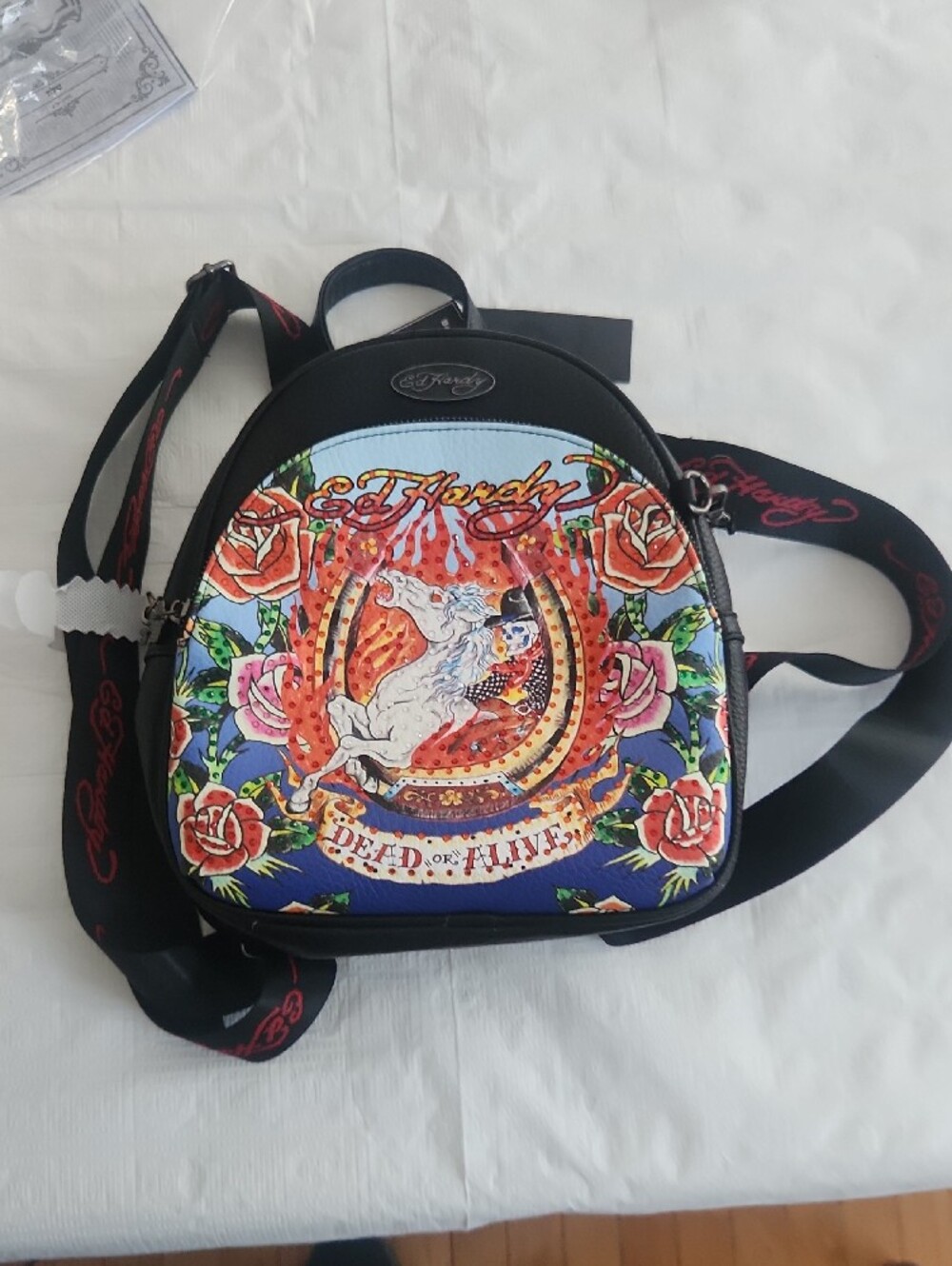 Ed Hardy Backpack school bag zip Dead Alive Tattoo Rose scull Horse KEY chain